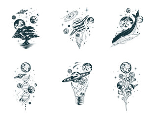 Celestial space compositions isolated set. Six hand drawn vector illustrations of mystical planets, galaxy, stars, whales and trees for poster, tattoo and greening card.