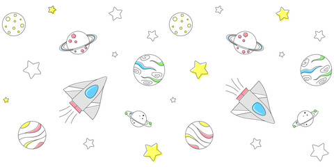 Black outline planets, spaceship and stars with colored elements on a white background. Endless texture with open space. Vector seamless pattern for surface texture, cover, wrapping paper and print