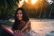 Young Filipina Model Surfing on a Big Wave at Sunset in Siargao Island, Philippines. Generative AI.