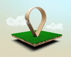 3d illustration of the Location pin Icon on the Grass patch. Grocery Store symbol