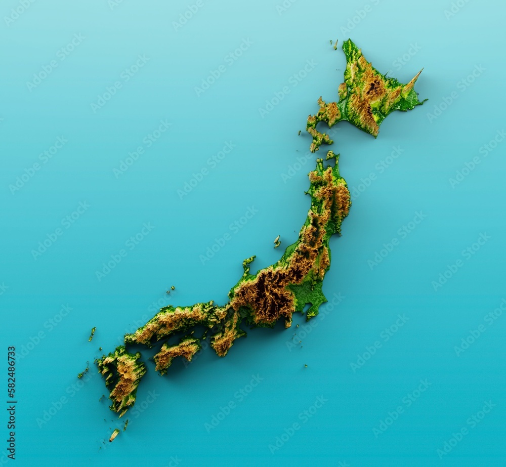 3d illustration of Japan Map Shaded relief Color Height map on the sea Blue Background