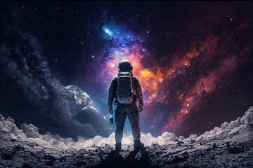Wall Mural - amazed astronaut on the moon surface watches another planet. space and universe exploration concept.