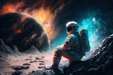 Wall Mural - amazed astronaut on the moon surface watches another planet. space and universe exploration concept.