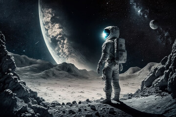 Wall Mural - amazed astronaut on the moon surface watches another planet. space and universe exploration concept.