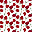 vector illustration seamless pattern features a repeating motif of bright red cherry with green stems and leaves, cherry are depicted in a stylized, cartoon-like manner