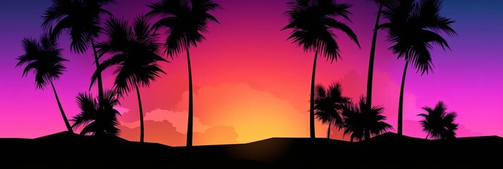 Wall Mural - Tropical sunset with palm trees silhouette and beautiful dusk colorful sky background. Illustration AI