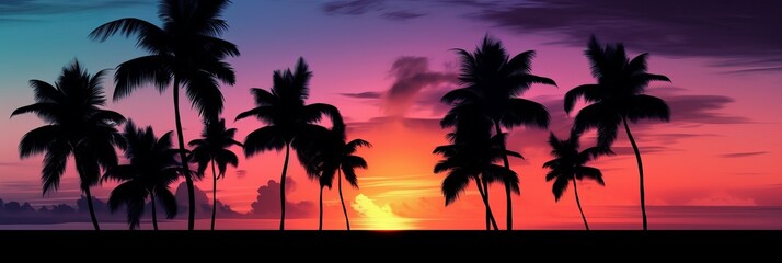 Wall Mural - Tropical sunset with palm trees silhouette and beautiful dusk colorful sky background. Illustration AI