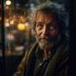 Generative AI - A homeless man with a beard standing in front of a window with rain drops on it and a blurry background, cinematic photography, a character portrait, photorealism