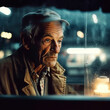 Generative AI - A man looking out a window at the street at night with a car in the background, cinematic photography, a photorealistic painting, photorealism