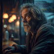 Generative AI - A homeless man with a beard and a beard standing in front of a window looking out at the street at night, promotional image, a character portrait, photorealism