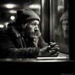 Generative AI - A homeless man with a beard and a hat looking out a window cinematic photography, a black and white photo, art photography