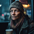 Generative AI - A homeless woman with a hat and scarf on looking out a window at the street with a cup of coffee, a character portrait, american realism