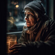 Generative AI - A homeless woman sitting in a cafe looking out the window at the street lights and holding a glass of water, cinematic photography, a character portrait, art photography
