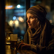 Generative AI - A homeless woman sitting at a table with a glass of beer in front of her and a window with lights in the background, a character portrait, neoplasticism