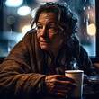 Generative AI - A homeless woman sitting at a table with a cup of coffee in her hand and a window in the background, cinematic photography, a character portrait, neoism