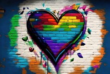 Nice Colorful Rainbow Graffiti Heart On The Brick Wall. LGBTQ. Diversity, Tolerance, Loving Inclusion Concept, Pride Month Celebration, Pride Day. Generative AI