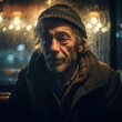 Generative AI - A homeless man with a hat and a coat on staring at the camera with a blurry background of city lights, a character portrait, neoism