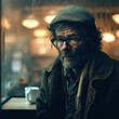 Generative AI - A homeless man with a hat and glasses sitting at a table with a cup of coffee behind him, cinematic photography, a character portrait