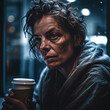 Generative AI - A homeless woman holding a cup of coffee in her hand and looking at the camera with a serious look on her face, cinematic photography, neoism