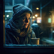 Generative AI - A homeless woman looking out a window at the street at night with a cup of coffee in her hand and a scarf on her head, cinematic photography, a character portrait, american realism