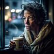 Generative AI - A homeless woman holding a cup of coffee looking out a window at the street at night time, with a blurry background,  portrait photography, a character portrait, american realism
