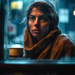 Generative AI - A homeless woman with a scarf around her neck looking out a window at the street at night with a cup of coffee, cinematic photography, a photorealistic painting, art photography