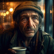 Generative AI - A homeless man with a hat and a cup of coffee in his hand is looking out a window at the rain,  portrait photography, a character portrait, neoism