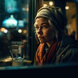Generative AI - A homeless woman sitting at a table looking out a window at the street at night time, with a scarf on her head,  cinematic photography, a character portrait, neoplasticism