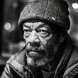 Generative AI - A homeless African American man with a hat on looking at the camera with a sad look on his face and a serious expression on his face, portrait photography, a character portrait