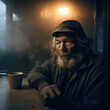 Generative AI - A homeless man with a long beard sitting at a table with a cup of coffee in front of him and a foggy window behind him, cinematic photography, a character portrait, art photography