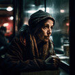 Generative AI - A homeless woman sitting at a table looking out of the window, cinematic photography, a character portrait, art photography