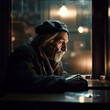 Generative AI - A homeless man with a hat on sitting at a table looking out a window at the street lights in the distance, cinematic photography, a character portrait, neoplasticism