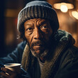 Generative AI - A homeless African American man with a hat and scarf holding a cup of coffee in his hand and looking at the camera, portrait photography, a character portrait, neoism