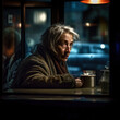 Generative AI - A elderly homeless man sitting at a table with a cup of coffee in front of him and a car outside the window behind him, cinematic photography