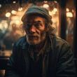 Generative AI - A homeless man with a hat sitting in a booth at a restaurant looking at the camera with a serious look on his face, cinematic photography, a character portrait, neoplasticism