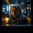 Generative AI - A homeless woman sitting in front of a window with a candle in front of her and a scarf around her neck, cinematic photography, a character portrait, neoism