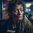 Generative AI - A homeless woman with a cup of coffee looking out a window at the rain outside the window with a sad face, a character portrait, American realism