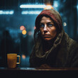 Generative AI - A homeless woman with a hoodie on sitting at a table with a cup of coffee in front of her, dystopian art, cyberpunk art, neoism