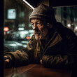 Generative AI - A homeless man sitting at a table and a city street in the background, cinematic photography, a character portrait, neoplasticism