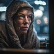 Generative AI - A homeless woman in a hooded jacket looking out a window at the street at night with a blurry background, cinematic photography, a character portrait, neoism