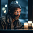 Generative AI - A homeless African American man sitting at a table with a candle and a cup of coffee in front of him, cinematic photography, a character portrait, neoplasticism