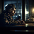 Generative AI - A homeless man sitting at a table with a window behind him with the city lights in the background, cinematic photography, a character portrait, art photography