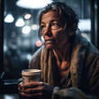 Generative AI - A homeless woman holding a cup of coffee looking out a window at the street at night time, with a blurry background, cinematic photography, a character portrait, neoism