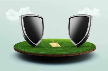 Wall Mural - 3D illustration of stadium of Cricket with shield emblem on pitch and VS versus