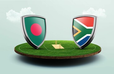 Wall Mural - 3D render of Bangladesh vs South Africa flag icons on a green round cricket field