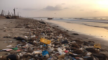Beach Polluted With Garbage And Plastic Waste. AI