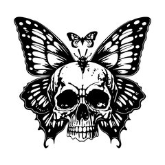 Beautiful and captivating Hand drawn line art illustration of a skull head and butterfly, evoking a sense of transformation and beauty in the face of darkness