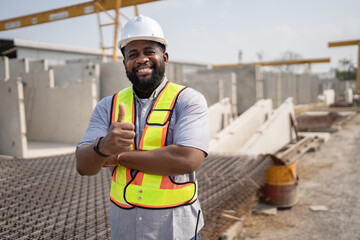 Wall Mural - Portrait African American engineer man working with precast cement factory background	