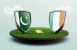 3D illustration of Pakistan vs Ireland cricket flags with shield on a cricket stadium