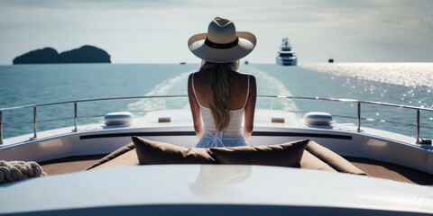 Sticker - view from behind woman relaxing on a luxury boat. Generative ai